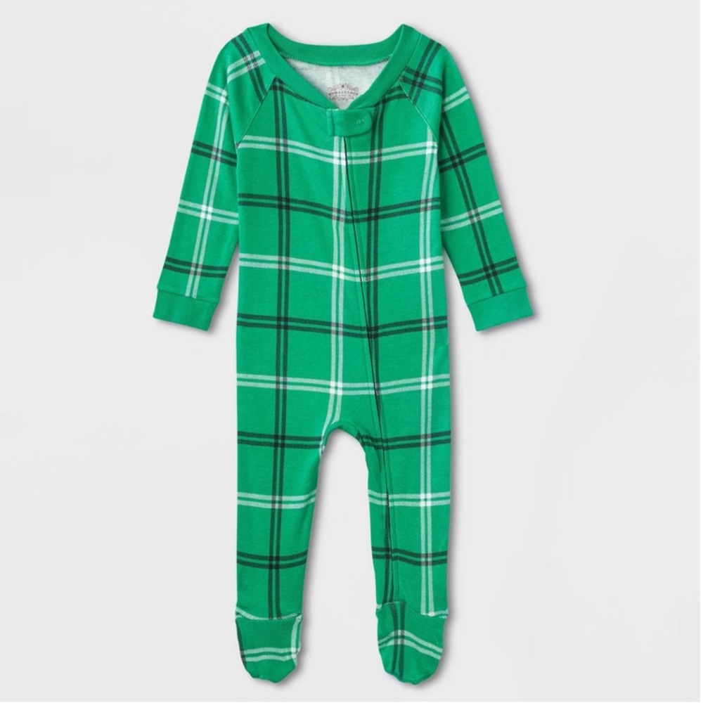 New! Green Plaid Kids One Piece Sleep Set Size 6-9 Months